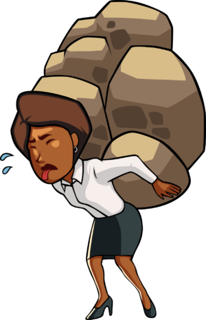 Woman carrying a heavy load of denial rocks